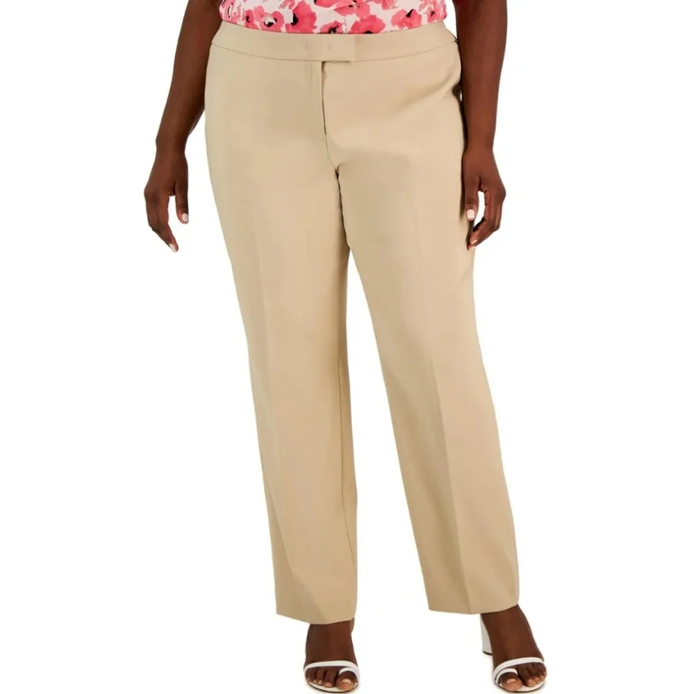 NWT Anne Klein 24W Beige High Rise Straight Leg Pants Office Classic Bn3042